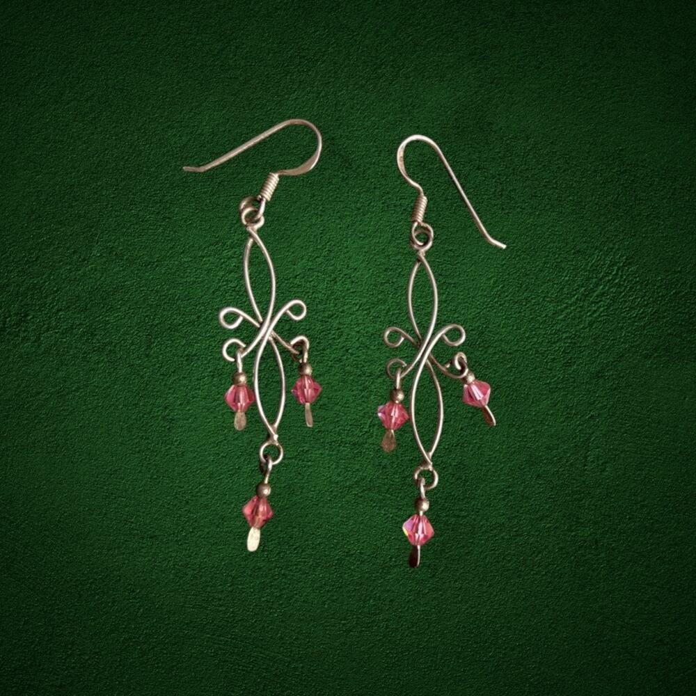 925 Sterling Silver Pink Crystal Beaded Dangle Drop Earrings Artisan